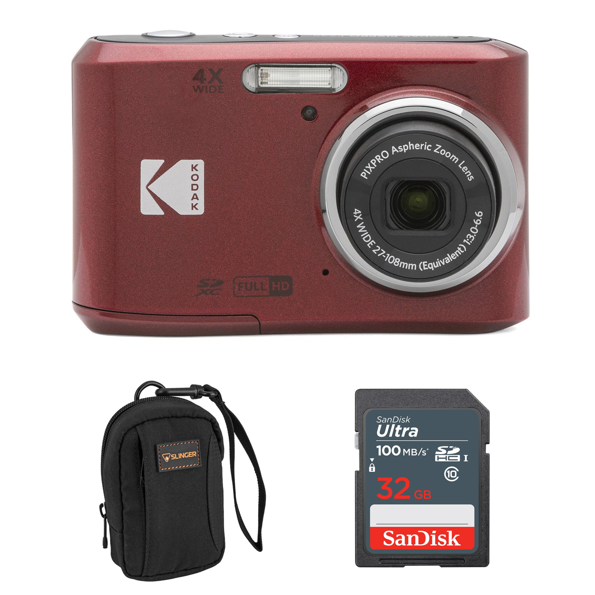 Kodak PIXPRO FZ45 Friendly Zoom 16MP FHD Digital Camera, Red, w/32GB Card &amp; Bag