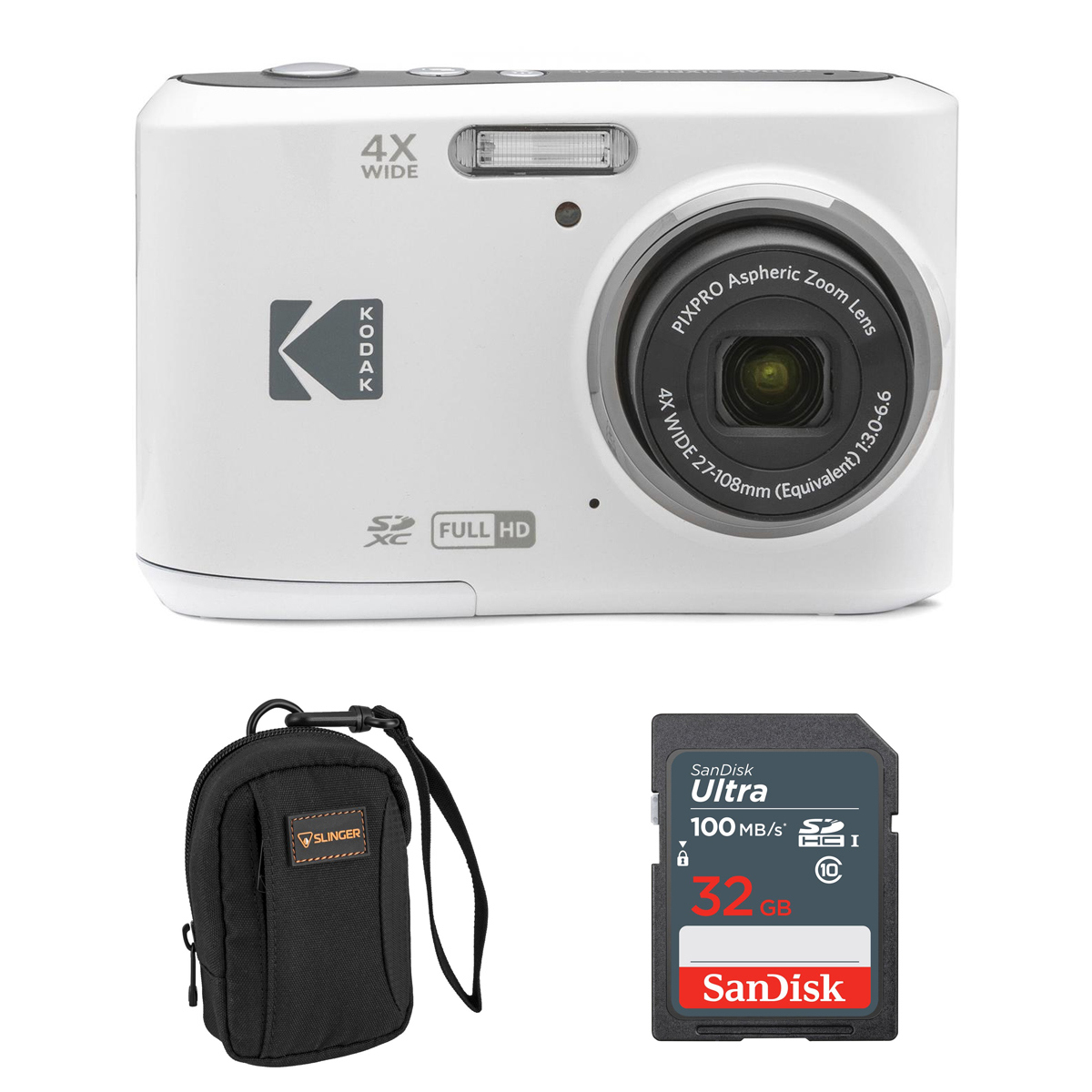 Kodak PIXPRO FZ45 Friendly Zoom 16MP FHD Digital Camera,White, w/32GB Card &amp; Bag