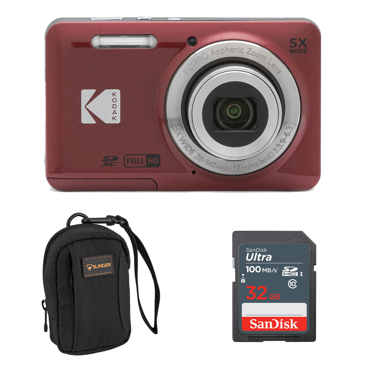 Kodak PIXPRO FZ55 Friendly Zoom Digital Camera, Red, With SD Card and Camera Bag