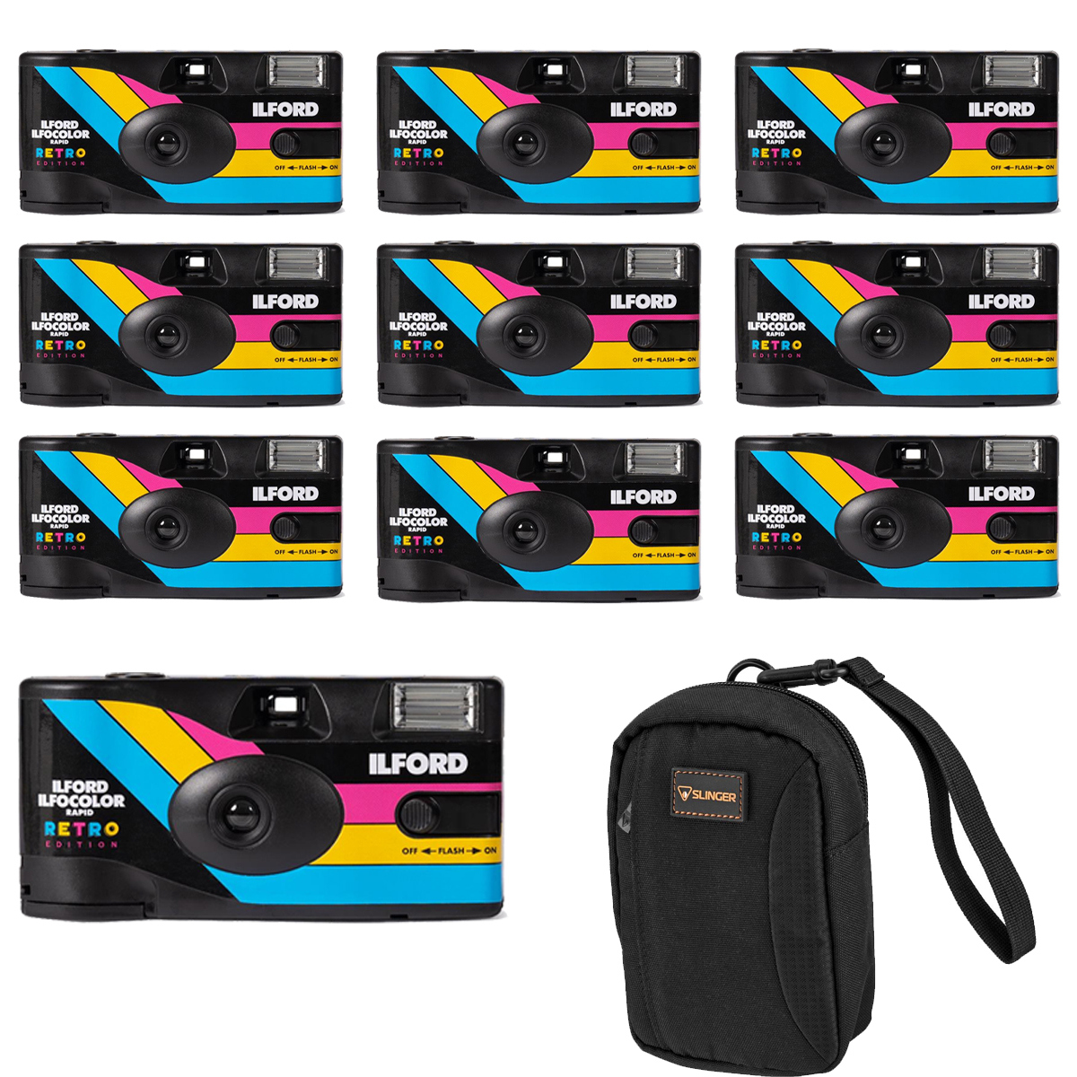 Ilford ILFOCOLOR Rapid Retro Single Use Color Film Camera, Black, 10-Pack w/Bag