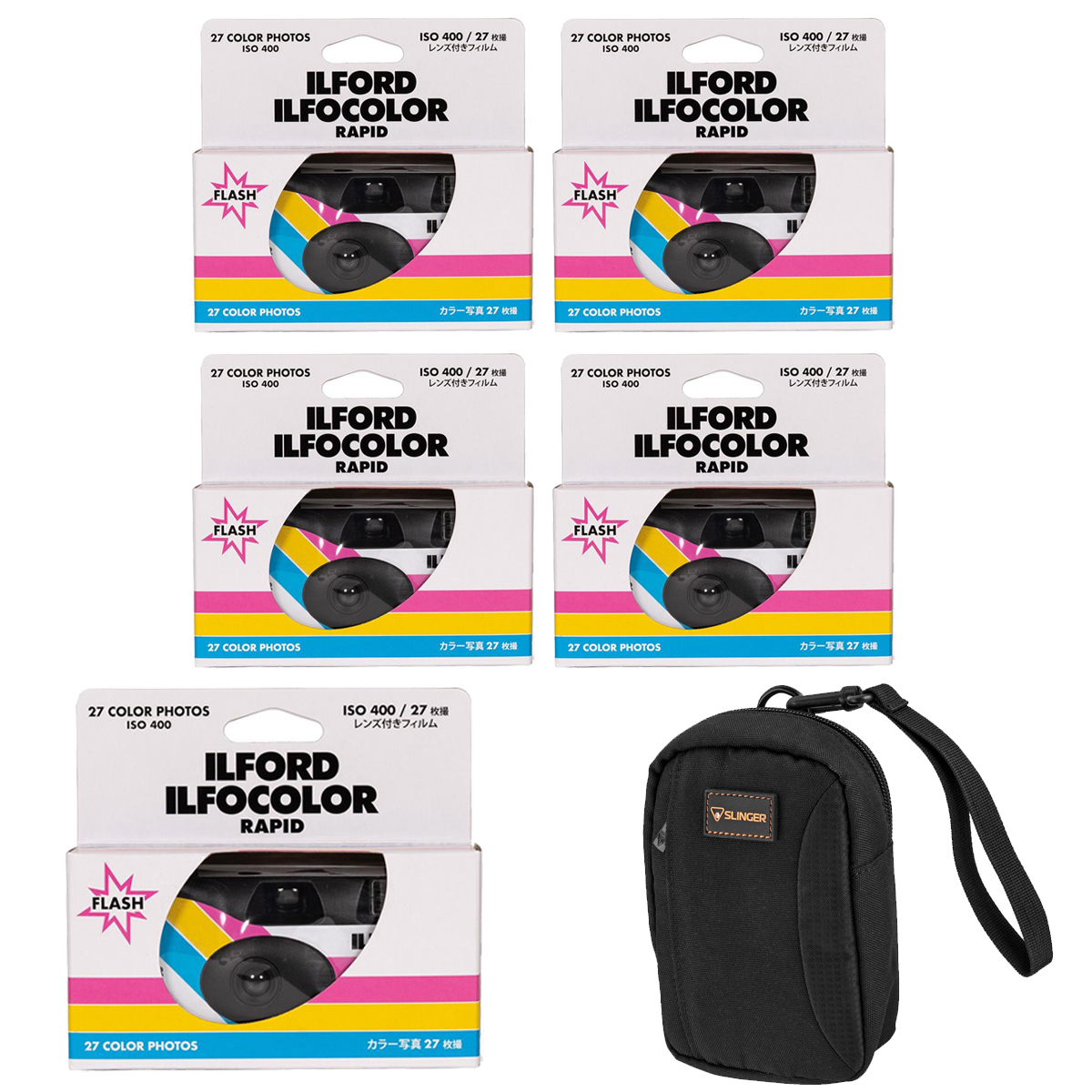 

Ilford ILFOCOLOR Rapid Retro Single Use Color Film Camera, White, 5-Pack w/Bag
