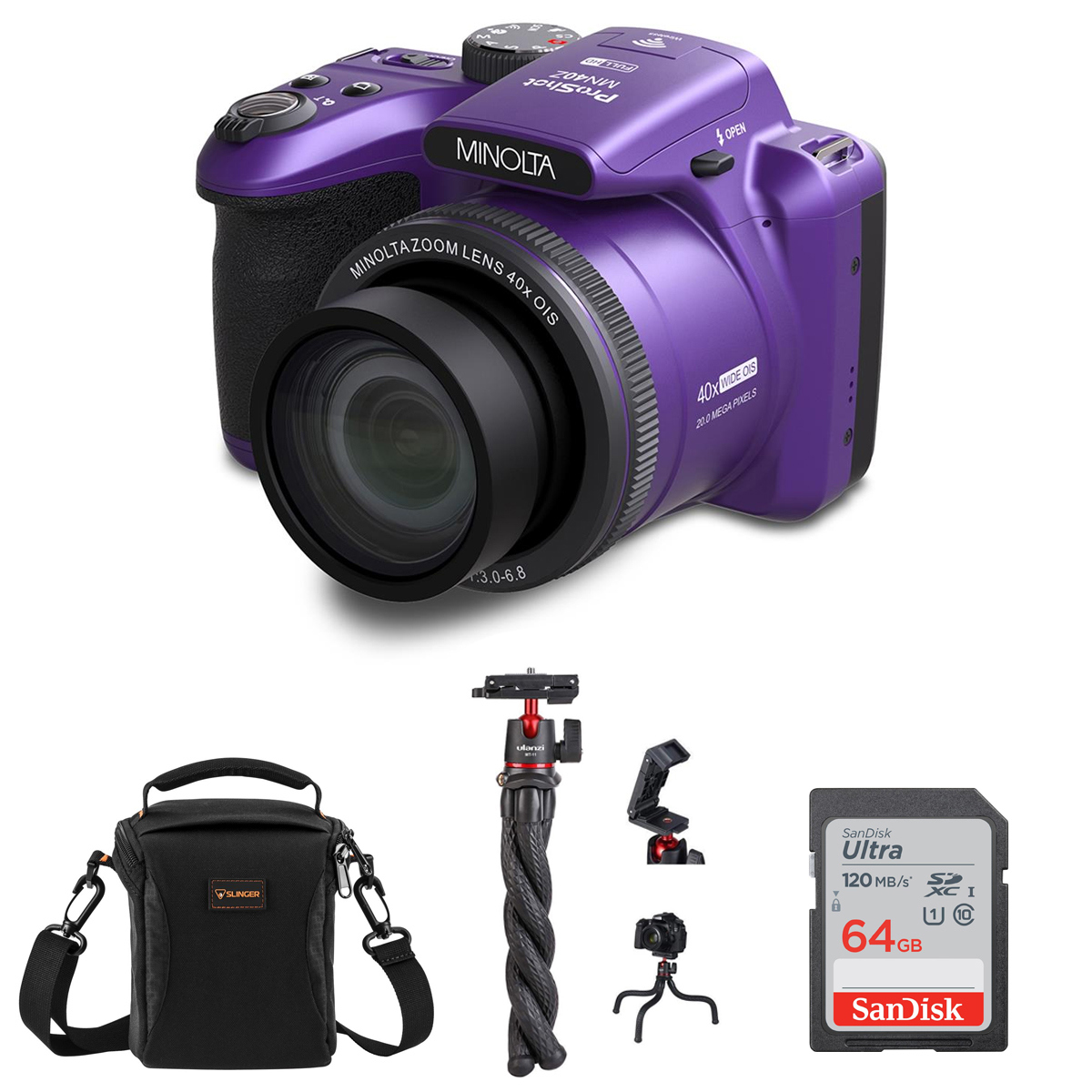 

Minolta MN40Z 20MP FHD Camera w/40x Zoom, Purple, with MT-11 Tripod & 64GB Card