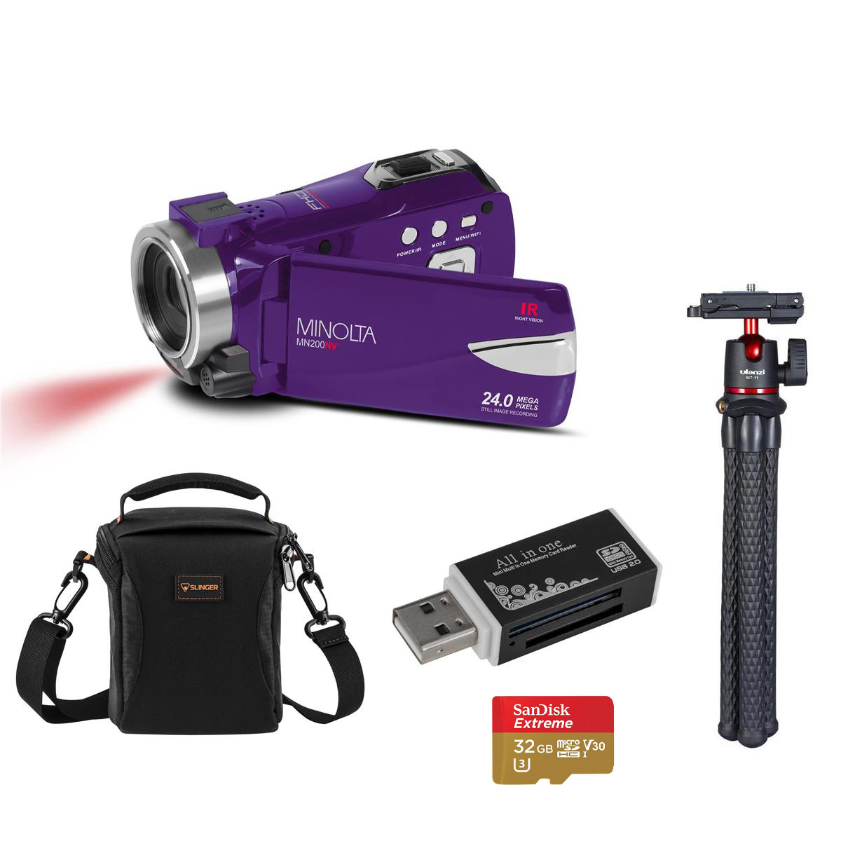 

Minolta MN200NV 24MP HD Night Vision Camcorder, Purple with Accessories Kit