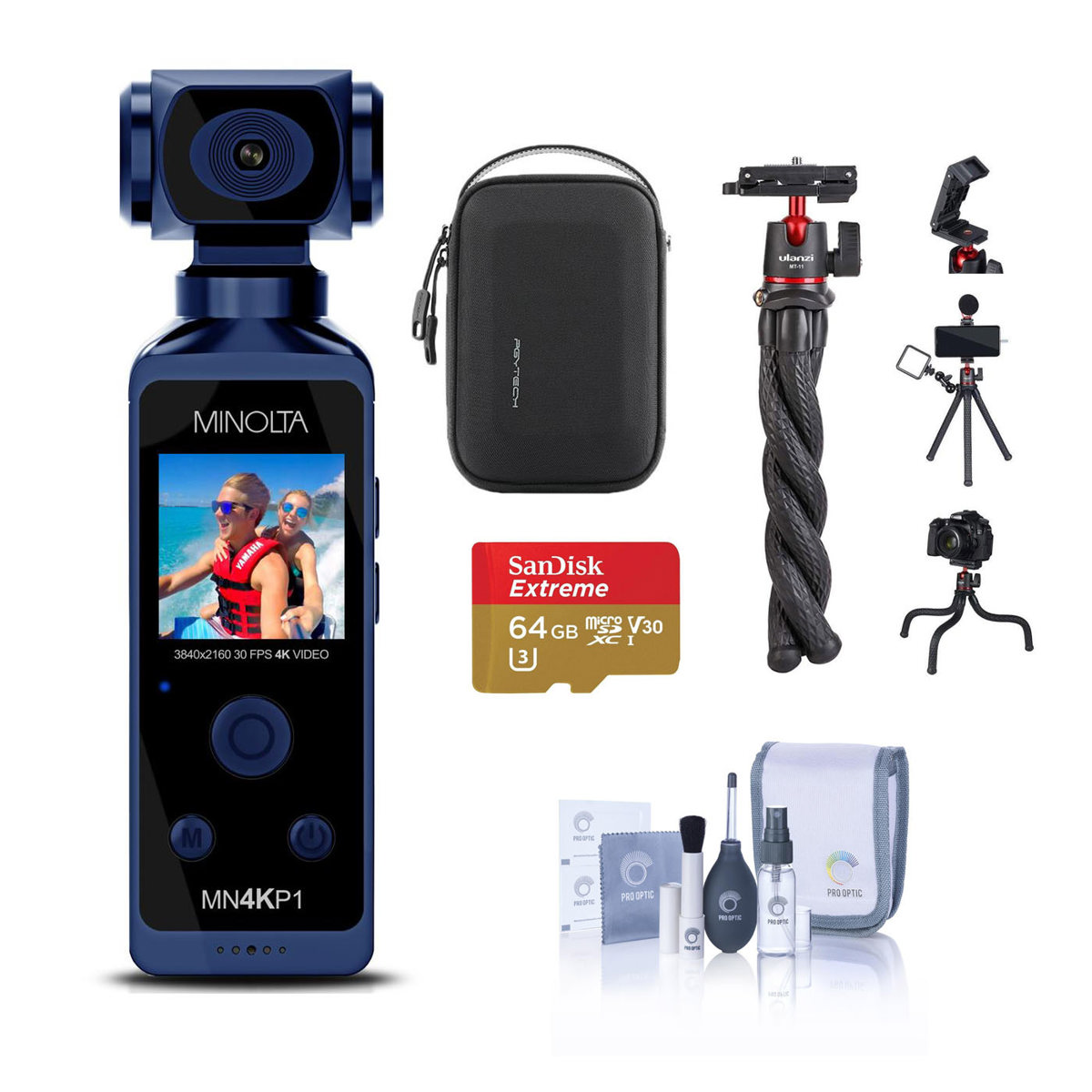 

Minolta MN4KP1 4K Wi-Fi Pocket Camcorder, Blue with Essential Accessory Kit