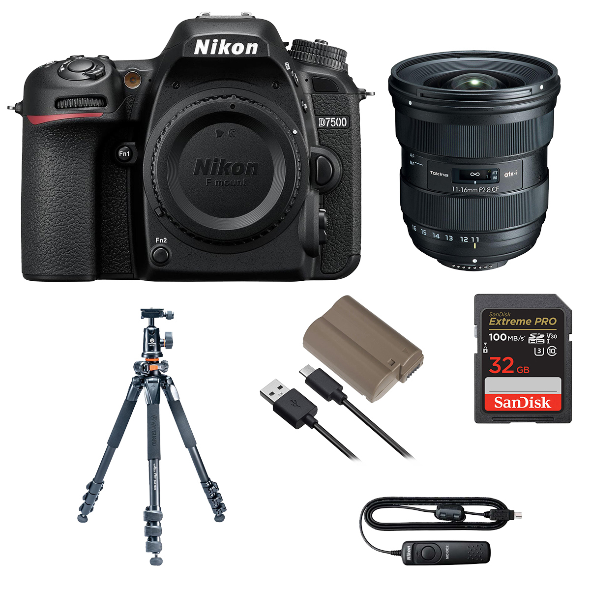 

Nikon D7500 DSLR Body Black W/Tokina 11-16mm f/2.8 F Lens W/Tripod/Accessory Kit