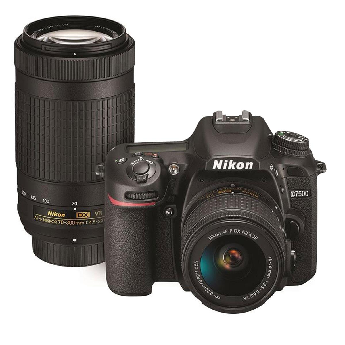 Nikon D7500 DSLR w/AF-P DX NIKKOR 18-55mm VR & 70-300 ED VR Lenses
