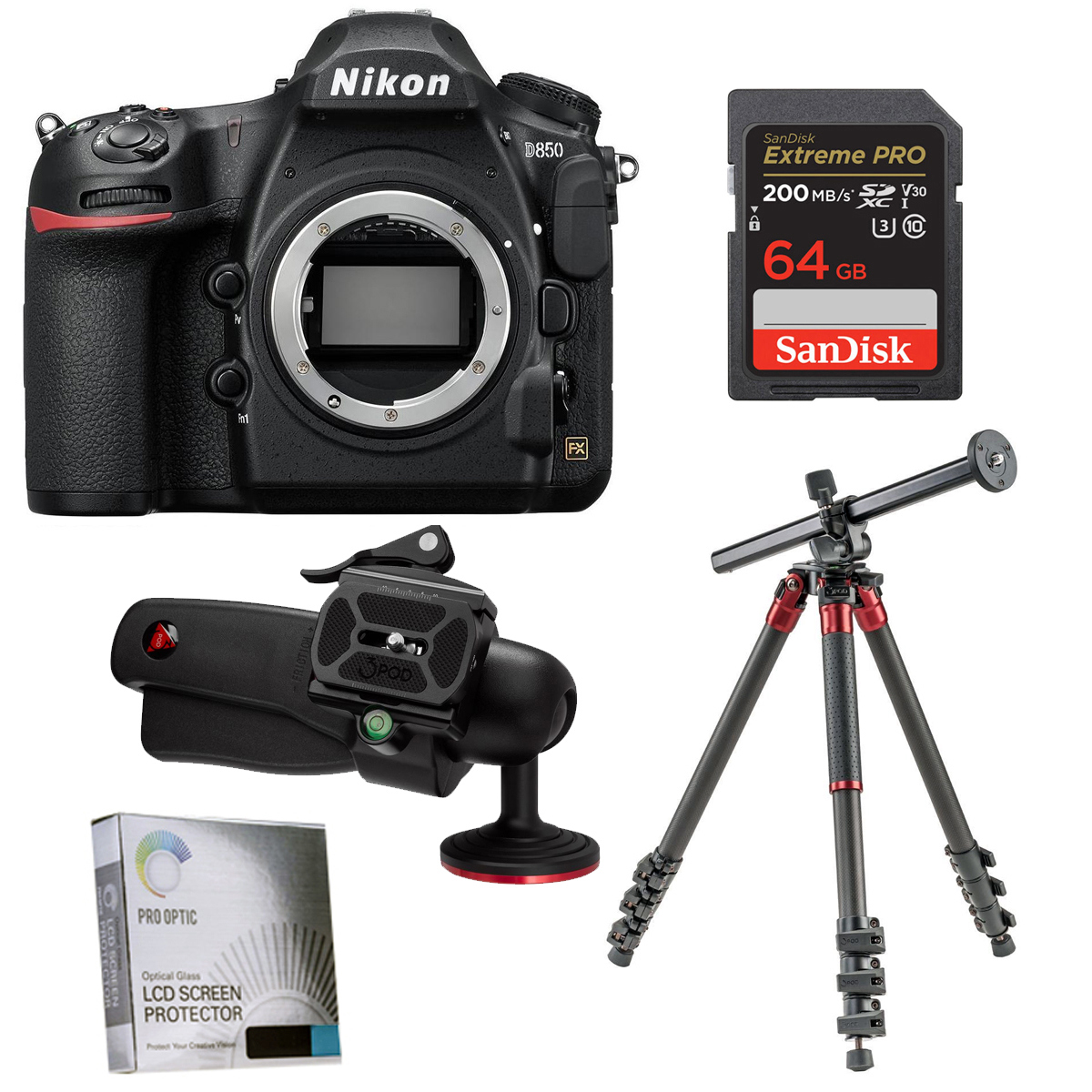 Nikon D850 DSLR Camera Body With FotoPro X-Go Max Tripod, 64GB Card, Screen Prot