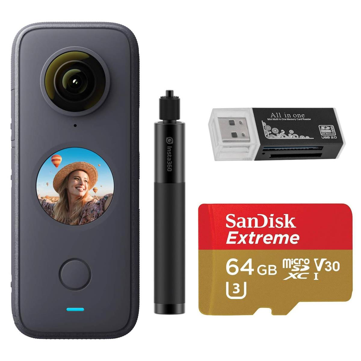 Insta360 ONE X2 360 Pocket Camera with 64GB microSD Card, Selfie Stick