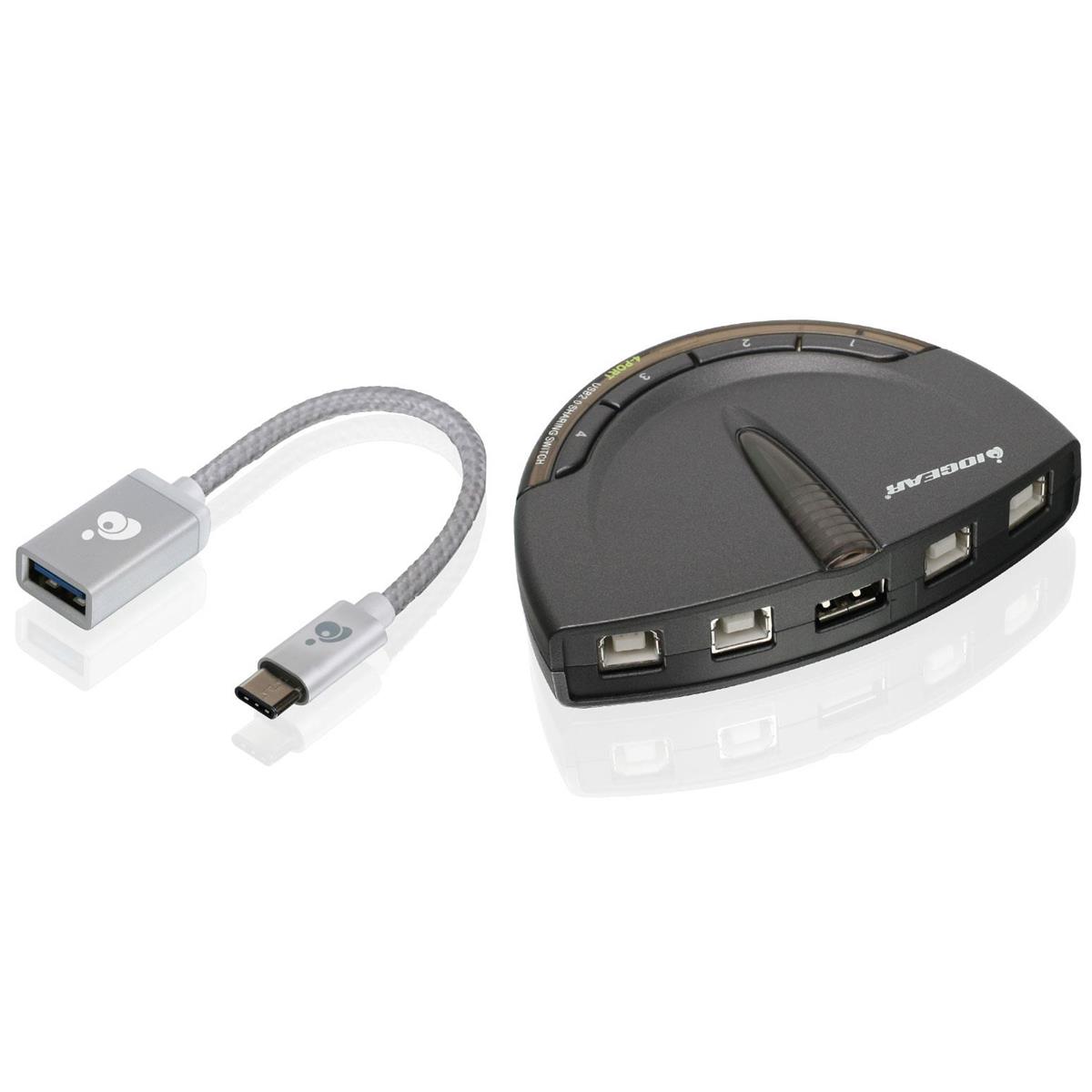 Photos - Card Reader / USB Hub IOGEAR 4-Port USB 2.0 Printer Switch with USB-A to USB-C Adapter GUB431CA1 