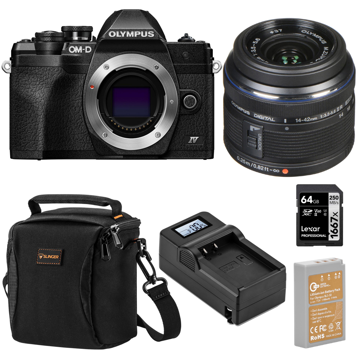 

Olympus OM-D E-M10 Mark IV Camera, Black w/14-42mm II R Lens with Accessory Kit