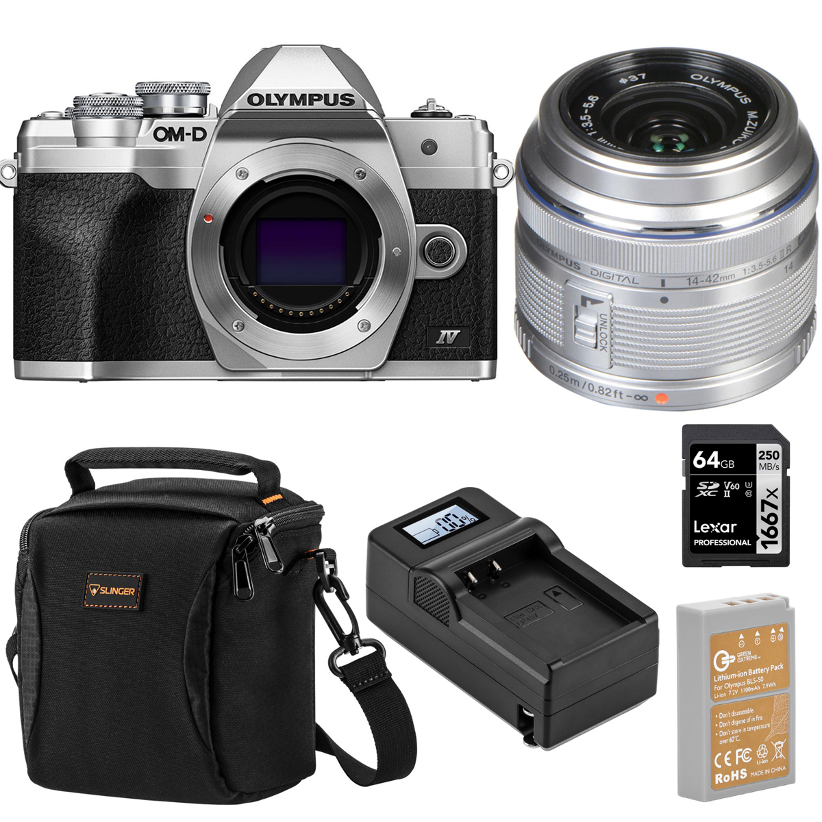 

Olympus OM-D E-M10 Mark IV Camera, Silver w/14-42mm II R Lens with Accessory Kit