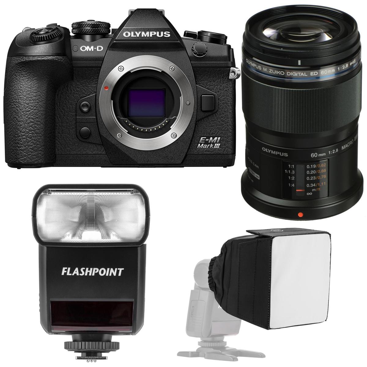 

Olympus OM-D E-M1 Mark III Mirrorless Camera, Black w/60mm Macro Lens, Flash Kit