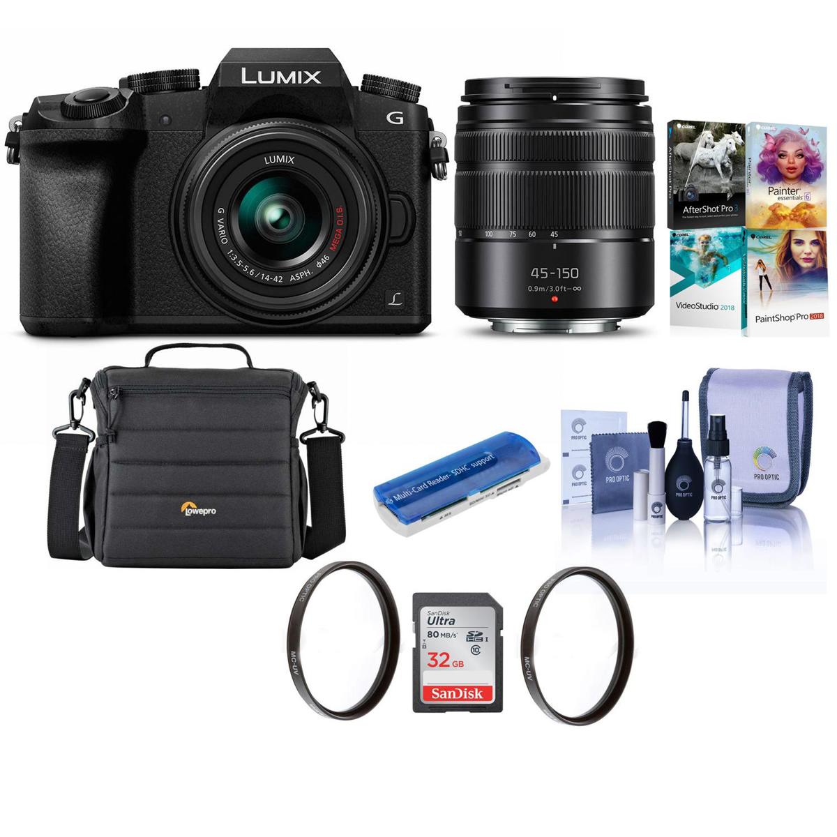 Panasonic DMC-G7 Mirrorless with 14-42mm & 45-150mm Lens Black W/Free PC Acc Kit