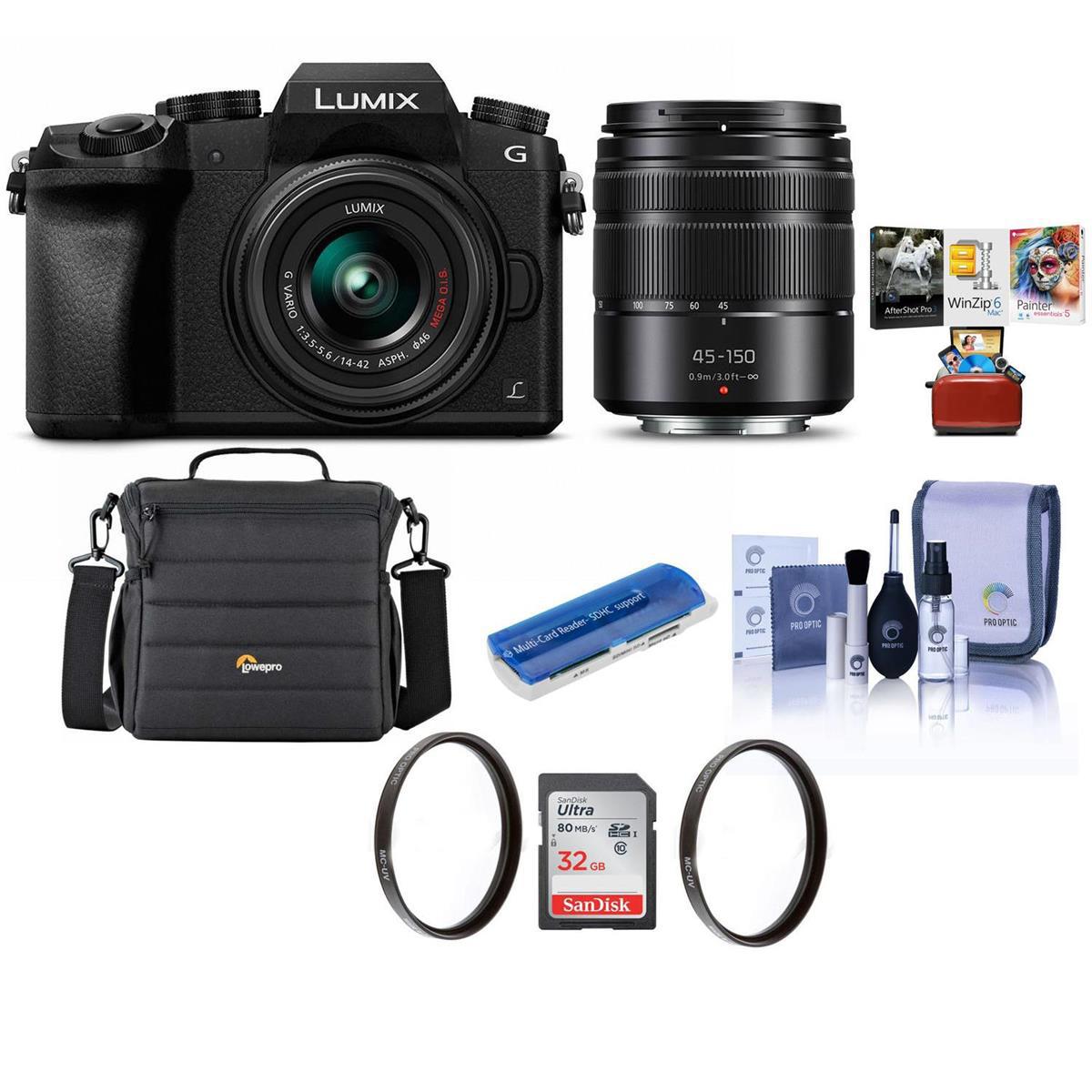Panasonic DMC-G7 Mirrorless with 14-42mm & 45-150 lens Black W/Free Mac Acc Kit