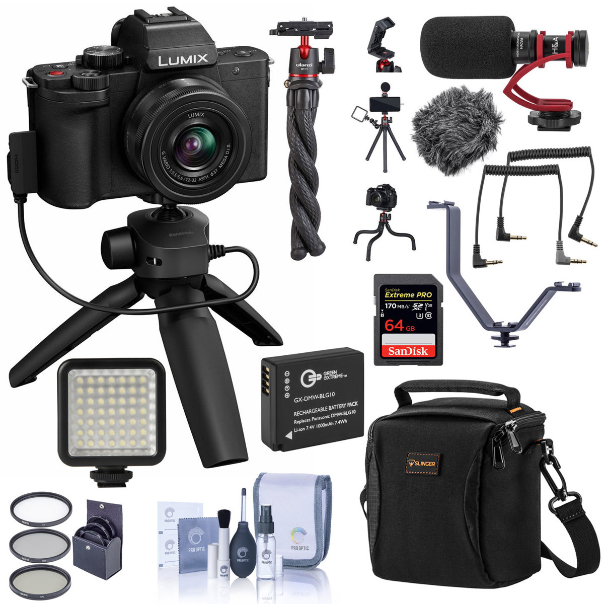 

Panasonic Lumix DC-G100 Camera Black w/12-32mm Lens, Tripod/Grip Audio Bundle