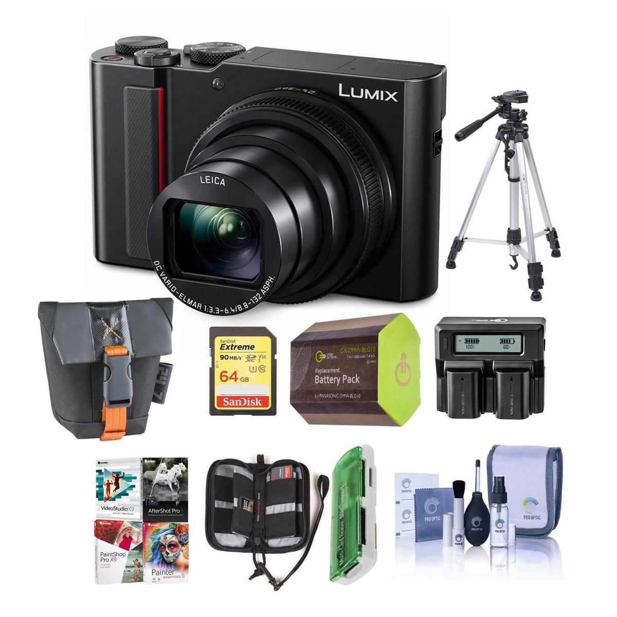 

Panasonic Lumix DMC-ZS200 Digital Camera, Black With Premium Accessory Bundle