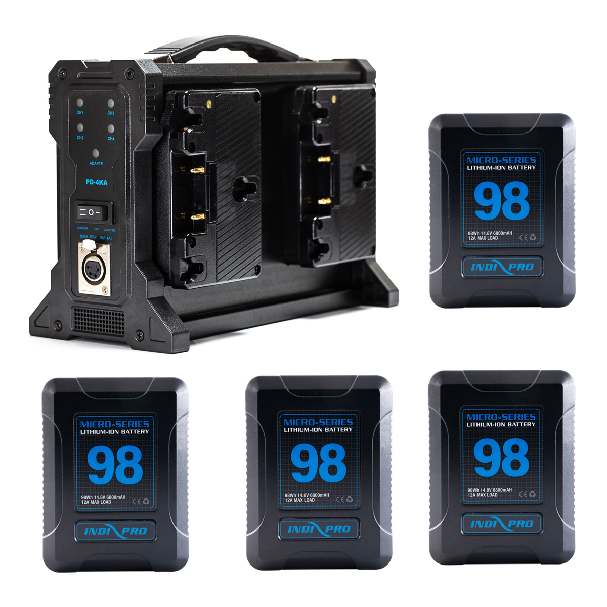 

IndiPRO 4x Micro-Series 98Wh Gold Mount Li-Ion Battery and Quad Pro Charger Kit