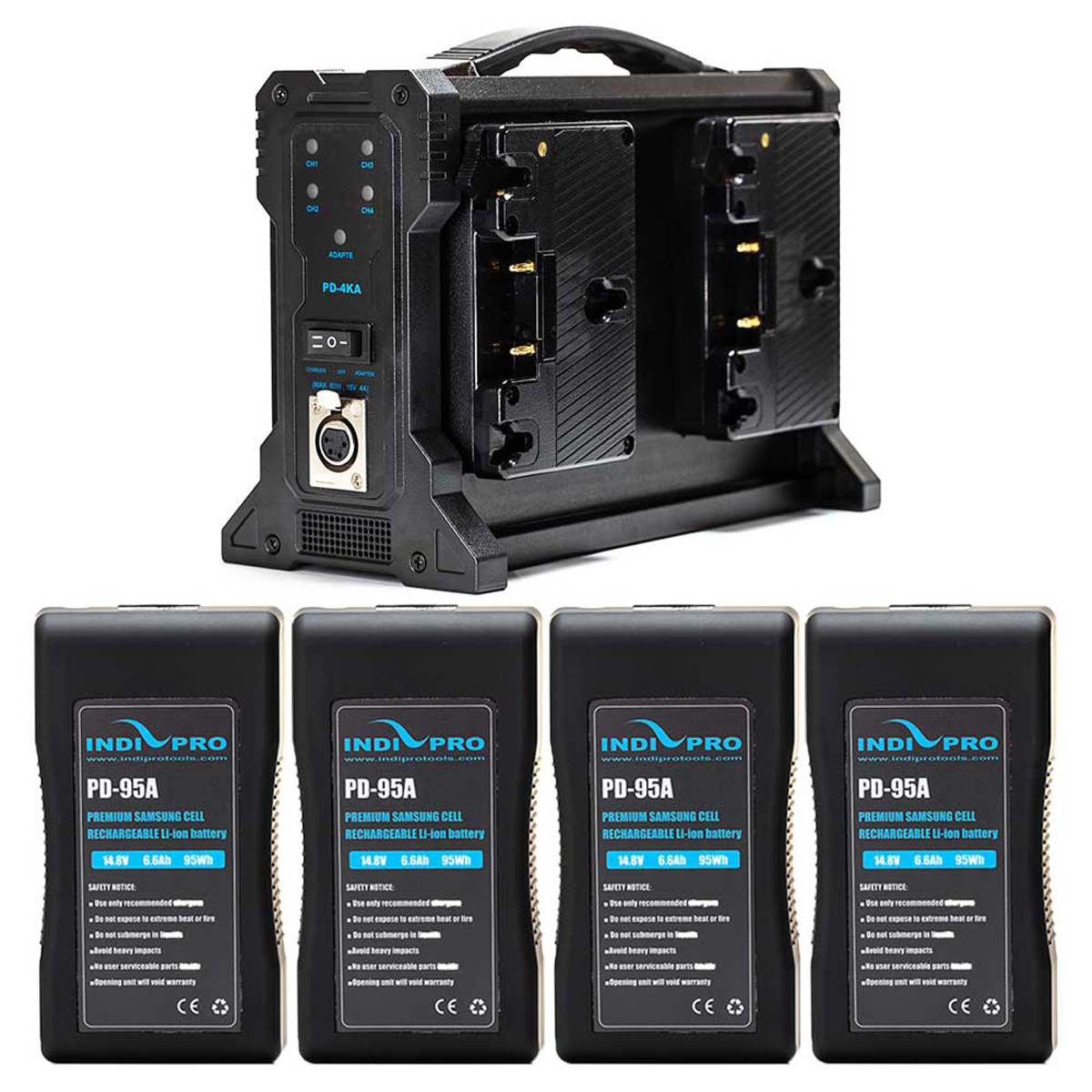 

IndiPRO Four 95Wh Gold-Mount Li-Ion Batteries and Quad Pro Battery Charger Kit