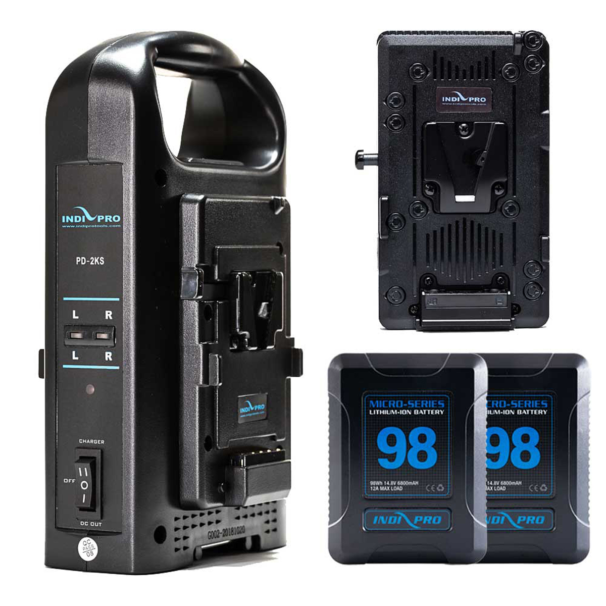 

IndiPRO Indipro 2x Micro 98Wh V-Mount Battery, Bundle w/IndiPRO PD2BCH Charger, Plate