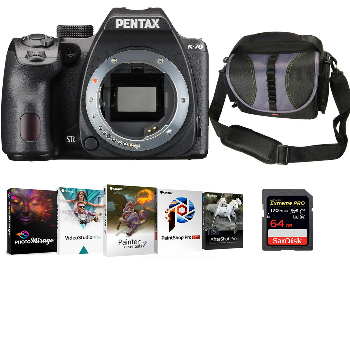 

Pentax K-70 DSLR Body, Black with PC Editing Software & Accessories