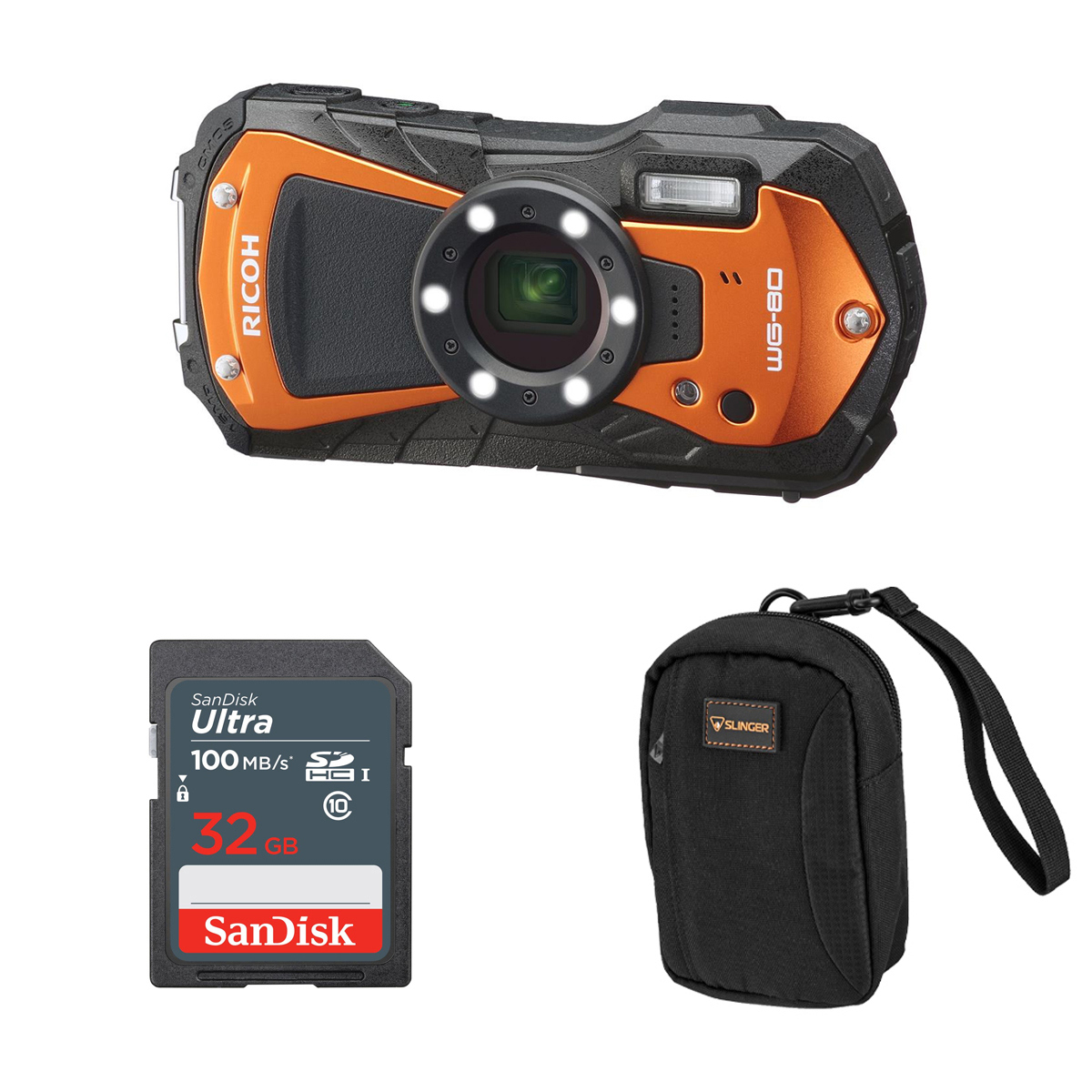 

Ricoh WG-80 Waterproof Digital Camera, Orange with 32GB SD Card, Case
