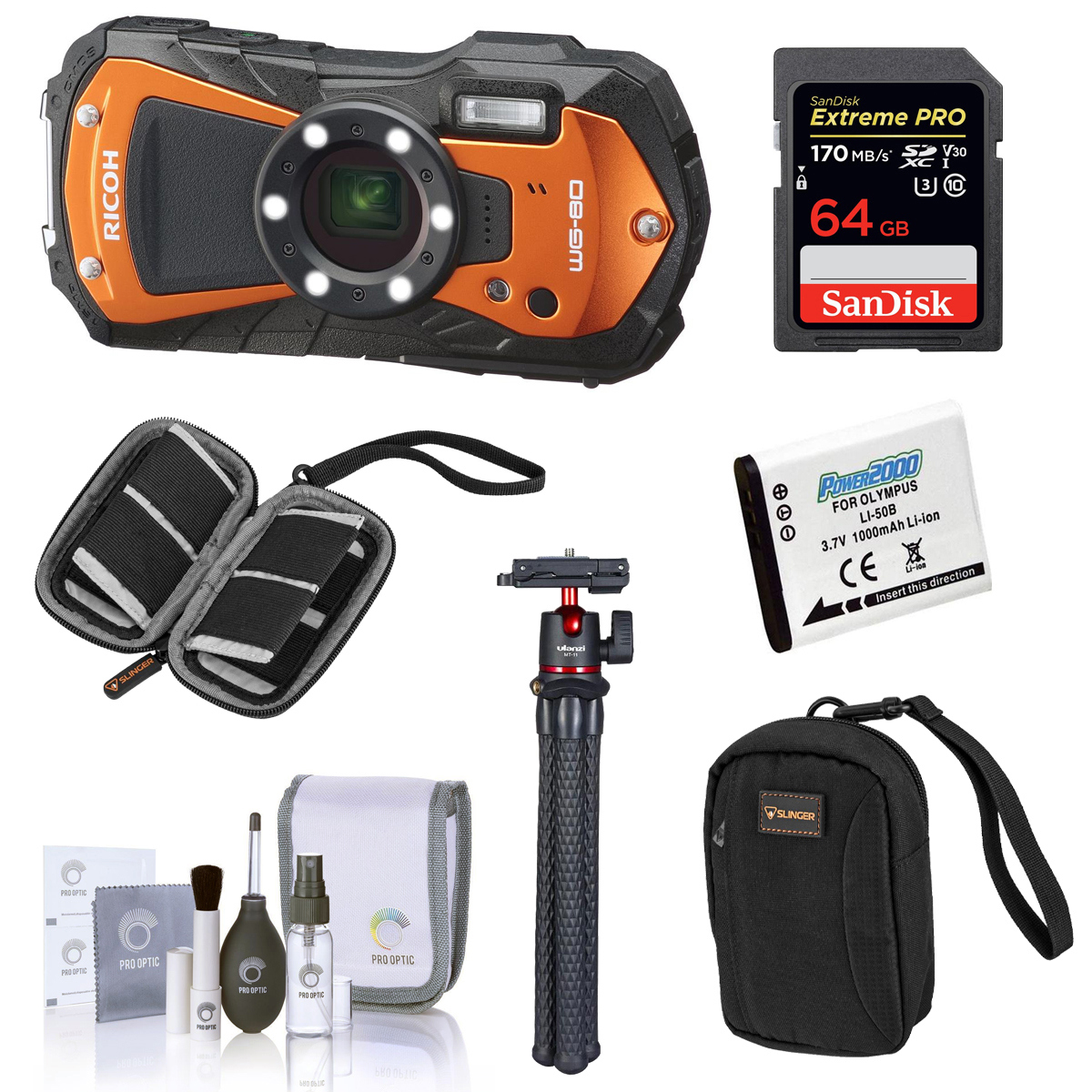 

Ricoh WG-80 Waterproof Digital Camera, Orange with Essential Accessories Kit