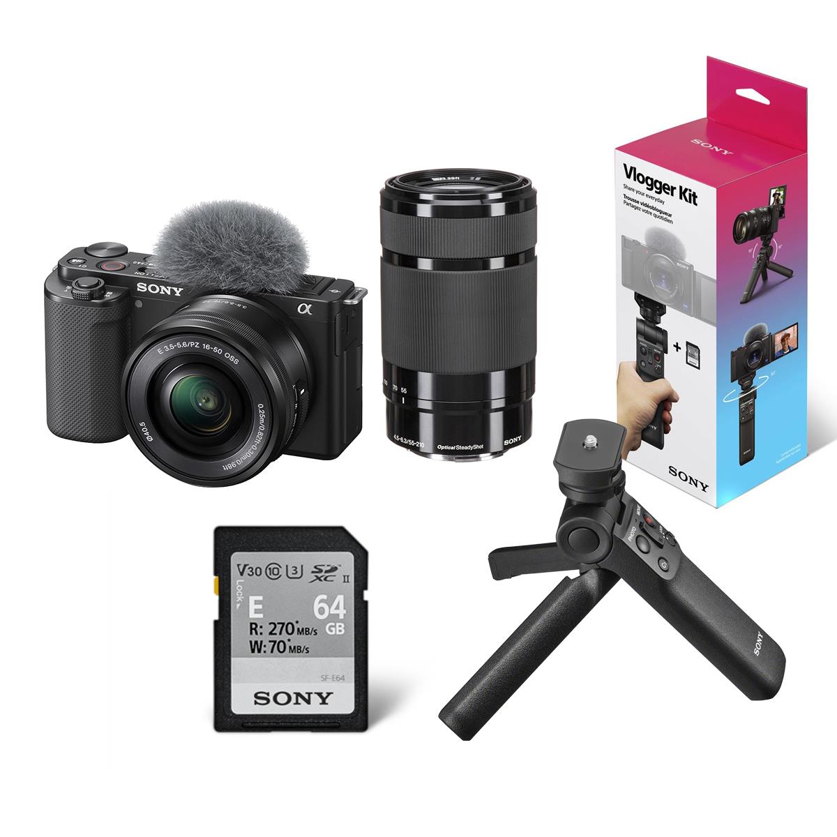Sony ZV-E10 Mirrorless Camera with 16-50mm & 55-210mm Lens (Black) w/Vlogger Kit