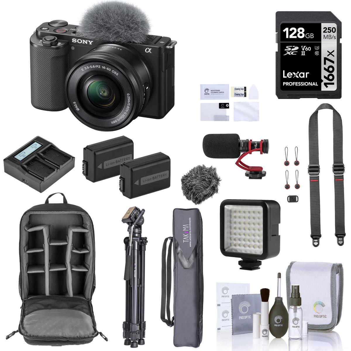 Sony ZV-E10 Mirrorless Camera with 16-50mm Lens (Black), Complete Accessory Kit