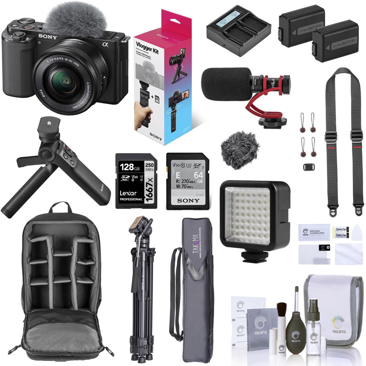 Sony ZV-E10 Mirrorless Camera w/16-50mm Lens, Black w/Vlogger Kit, Complete Acc