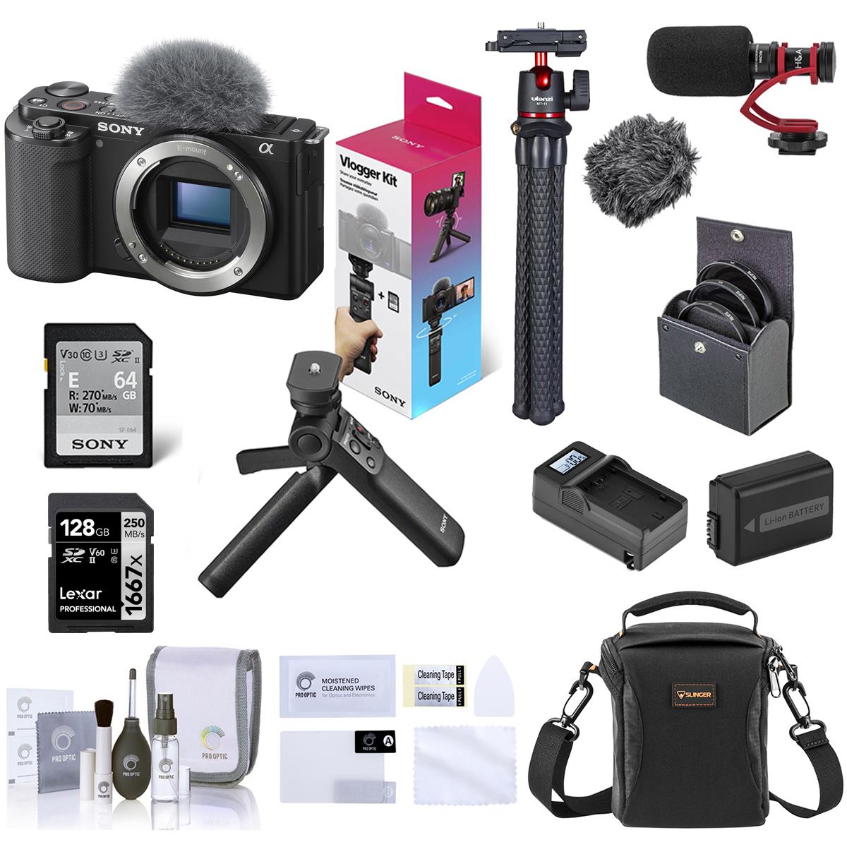Sony ZV-E10 Mirrorless Camera w/16-50mm Lens, Black w/Vlogger Kit, Essential Acc