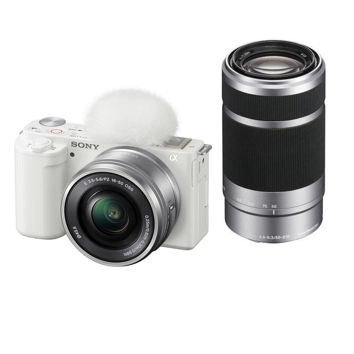 Sony ZV-E10 Mirrorless Camera with 16-50mm & 55-210mm Lenses (White/Silver)
