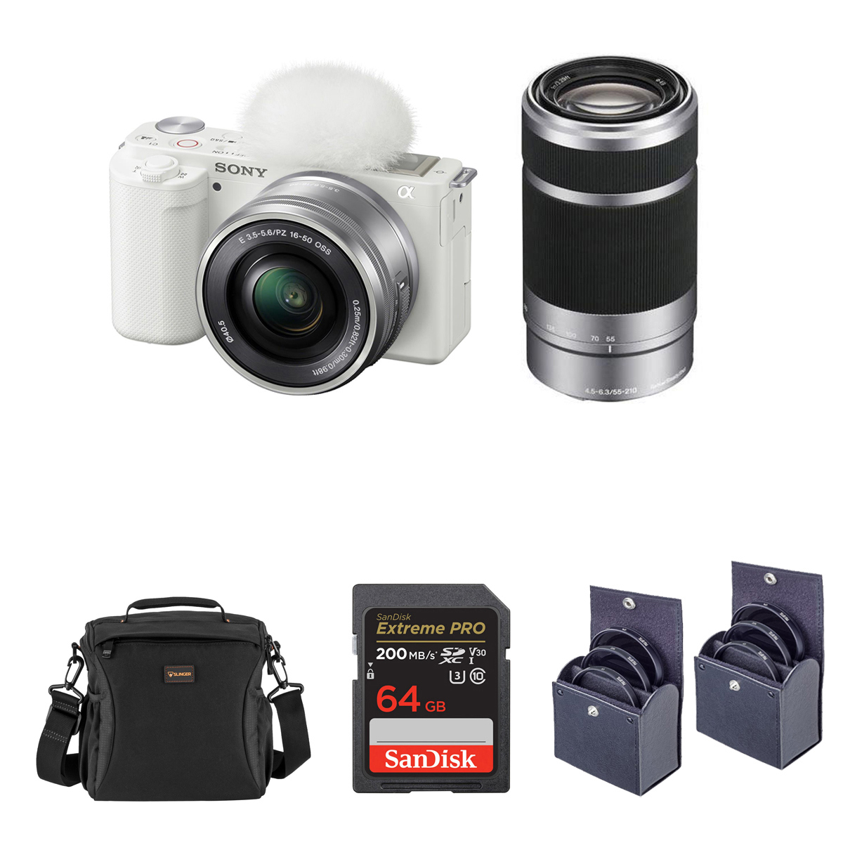 

Sony ZV-E10 Mirrorless Camera w/16-50 & 55-210mm Lens, White w/Accessories Kit