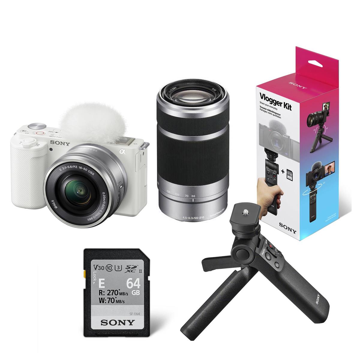 Sony ZV-E10 Mirrorless Camera with 16-50mm & 55-210mm Lens (White) w/Vlogger Kit