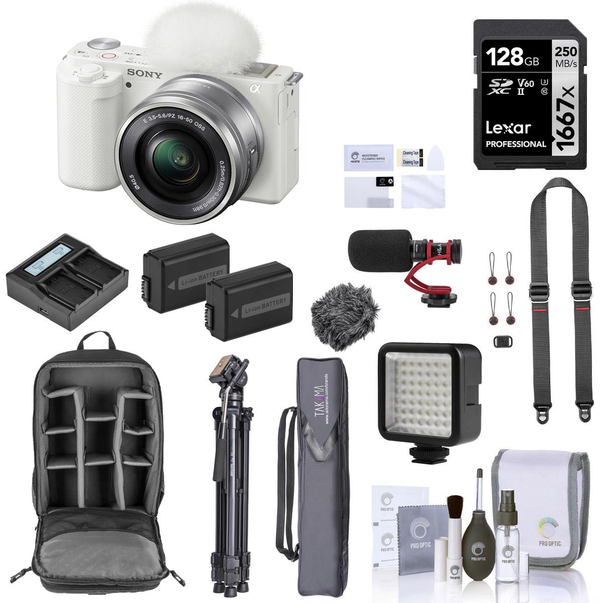 Sony ZV-E10 Mirrorless Camera with 16-50mm Lens (White), Complete Accessory Kit