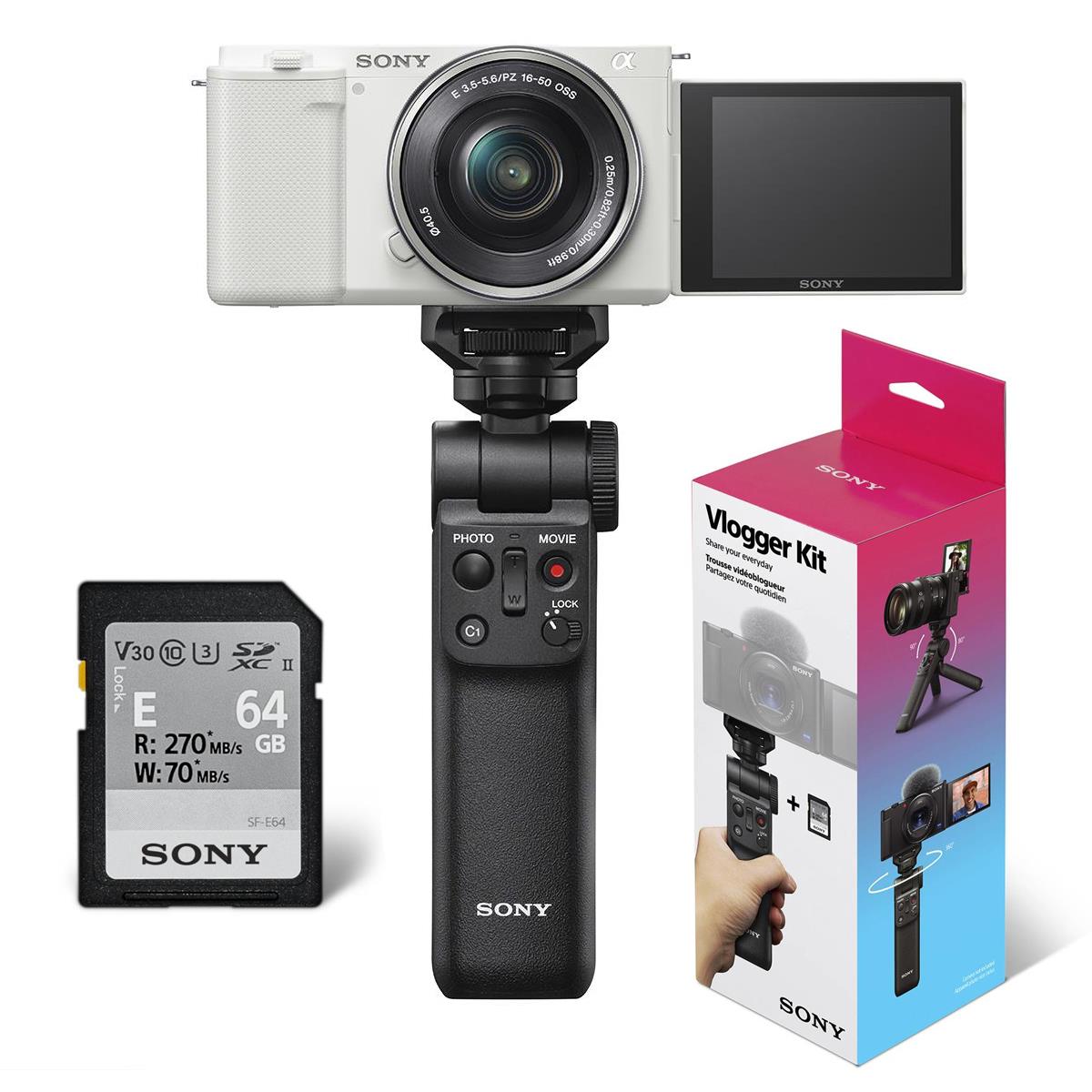 Sony ZV-E10 Mirrorless Camera with 16-50mm Lens (White) with ACCVC1 Vlogger Kit