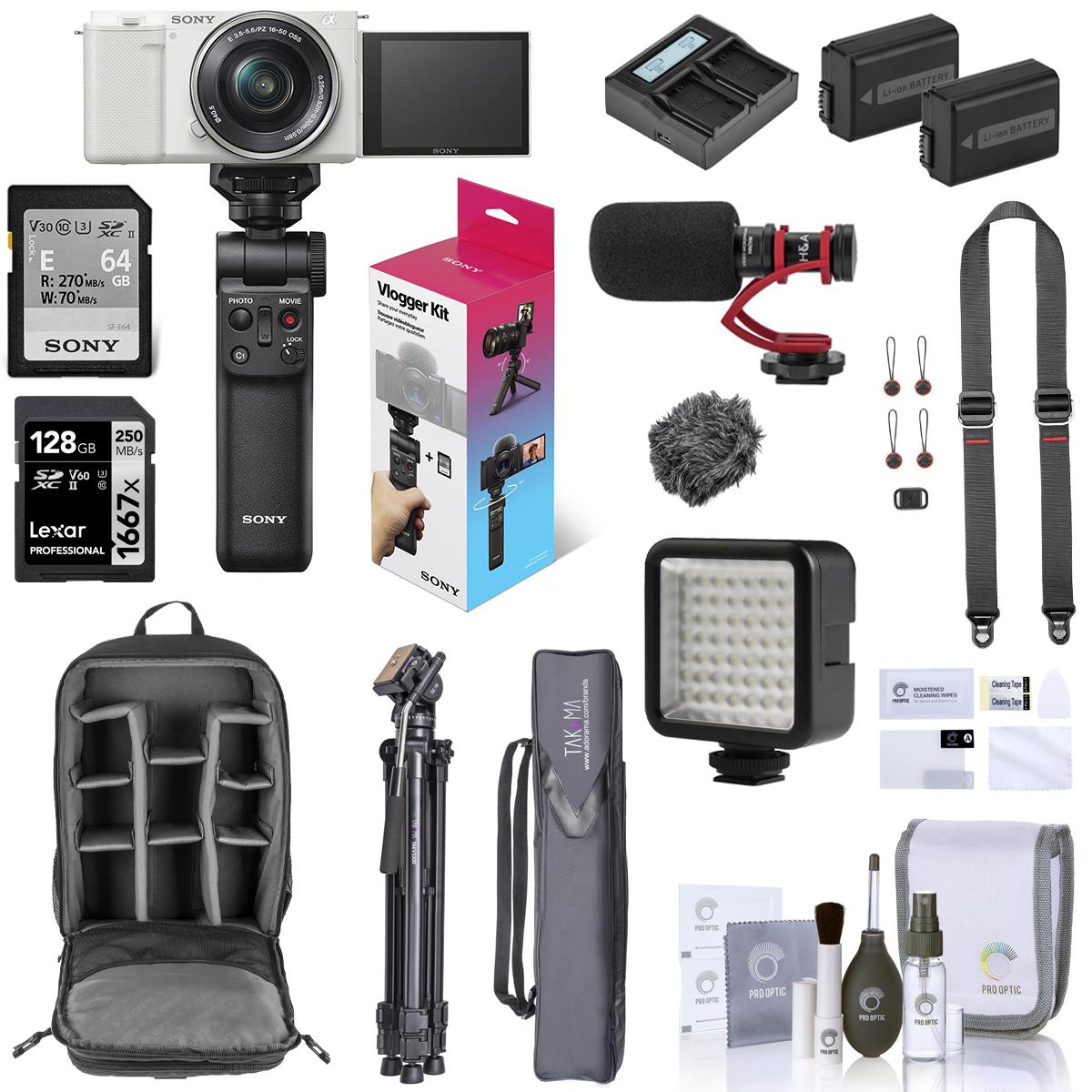 Sony ZV-E10 Mirrorless Camera w/16-50mm Lens, White w/Vlogger Kit, Complete Acc