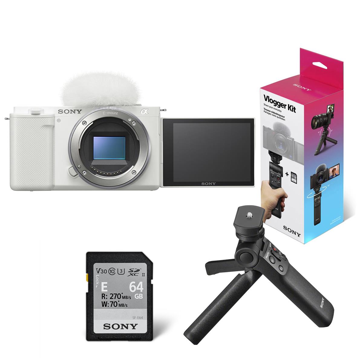 Sony ZV-E10 Mirrorless Camera Body (White) with ACCVC1 Vlogger Accessory Kit
