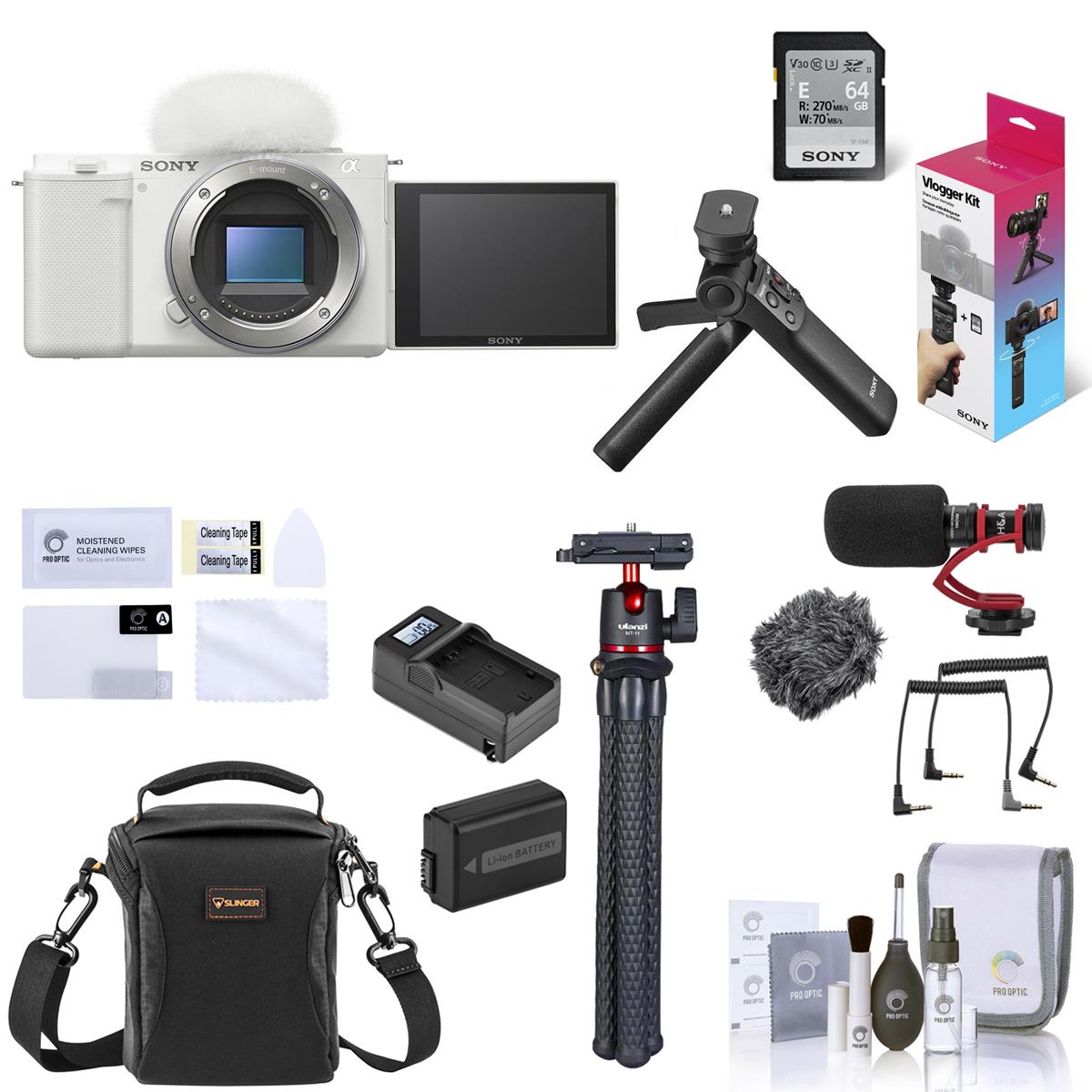 Sony ZV-E10 Mirrorless Camera Body (White) with Sony Vlogger Kit, Essential Acc.