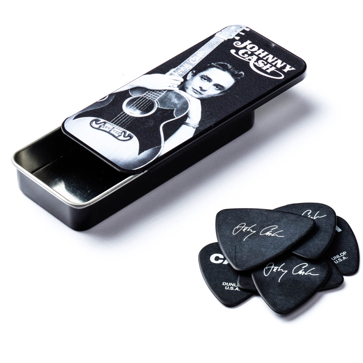 Медиаторы для гитары Dunlop Johnny Cash Memphis, средние, черные, 6 шт. в упаковке (жестяные) #JCPT01M
