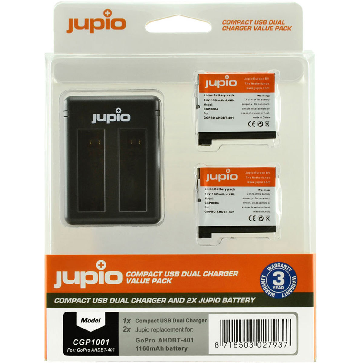 Jupio Value Pack с 2 аккумуляторами AHDBT-401 1160 мАч Компактное двойное зарядное устройство USB