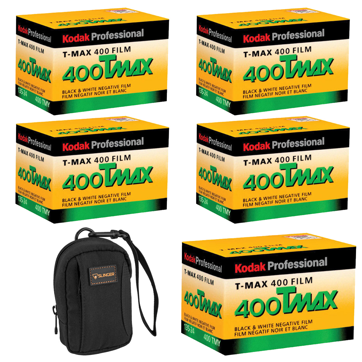 Kodak T-Max 400 TMY 35mm B&amp;W Negative Film, 24 Exposure, 5-Pack with Camera Bag