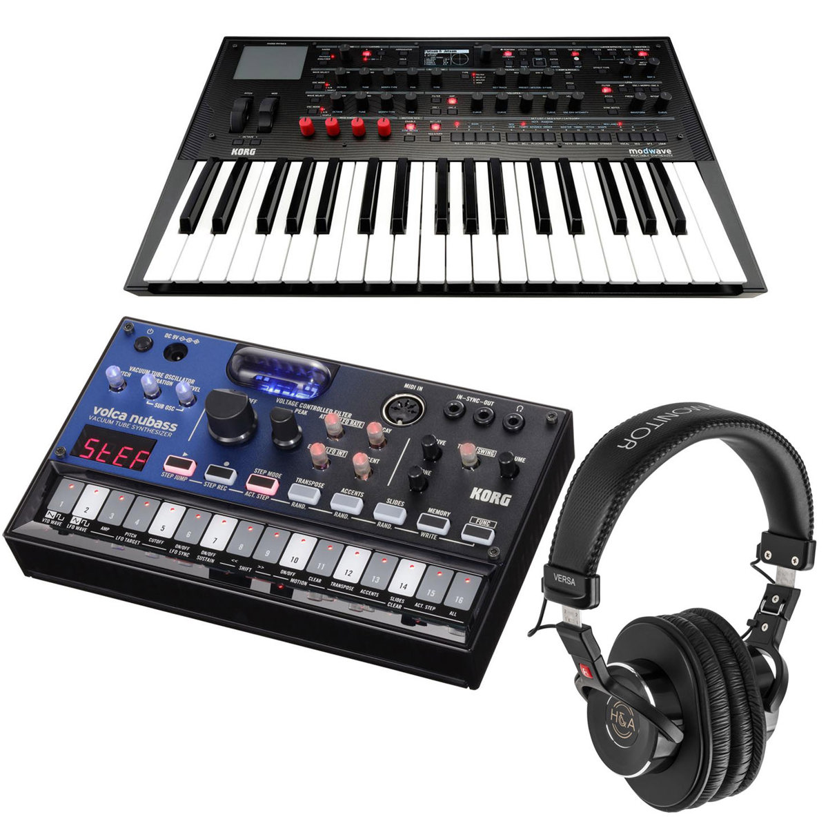

Korg Modwave Wavetable and Volca Nubass Vac. Tube Bass Synthesizer w/Headphones