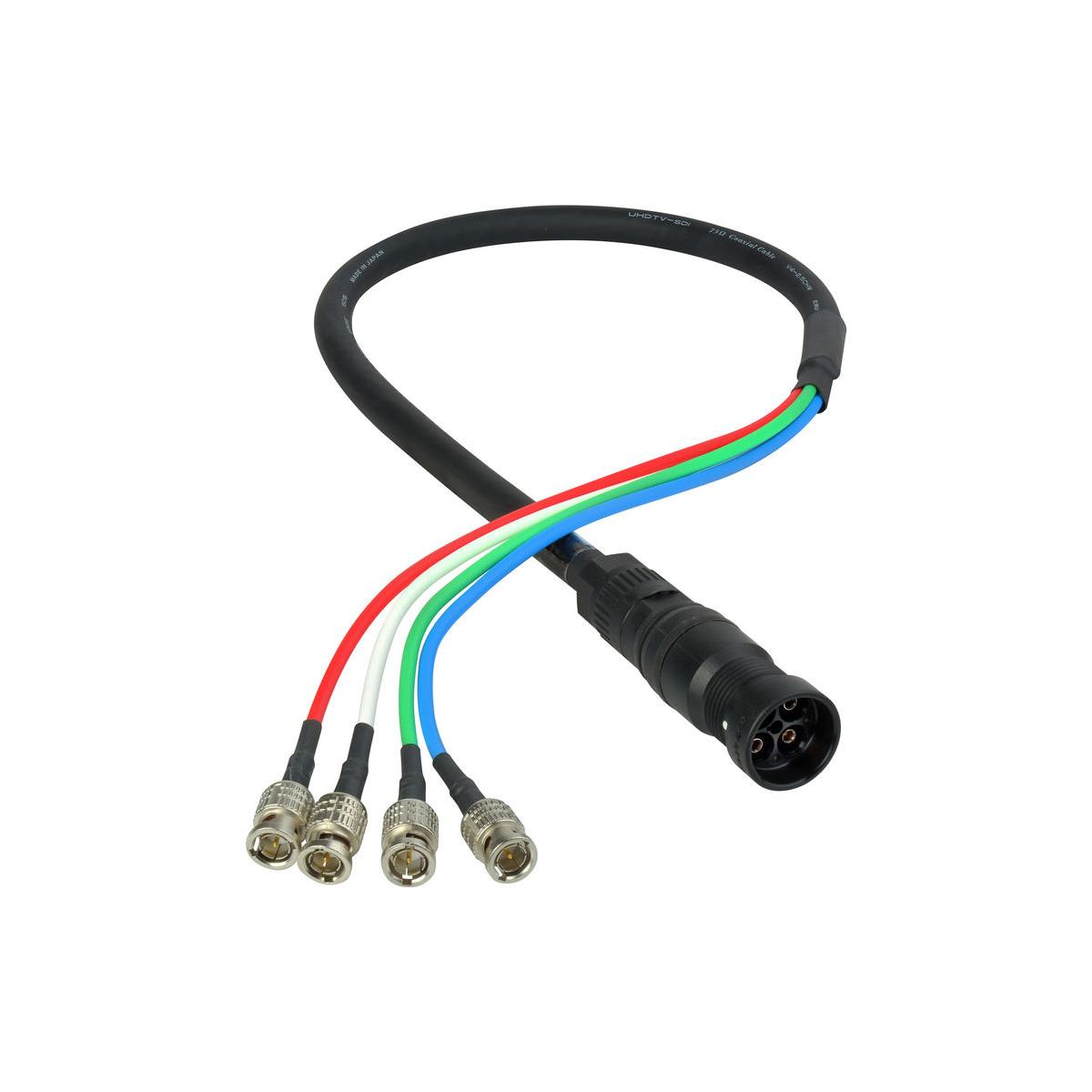 Laird 3' 4K UHD 3G HD-SDI 4-Channel DIN Female to BNC Camera Breakout Cable <b> 4-3G HD-SDI Signal Channel Quick Connect System for 4K/UHD Video Formats </b>One step, quick-connect Laird coax Canare cable assemblies connect 4 channels of 3G HD-SDI signals for 4K/UHD video formats. The Laird cables are assembled with Canare 4 channel, V4-2.5CHW flexible coaxial cable, allowing a break out to 4 Canare BNC or 4 DIN connectors. The Canare male connector, MDM-V4C25HW is designed to mate with the MDF-V4JRU panel mount receptacle which features a 4 DIN pass-through on the back side to increase your connectivity but not your rack space. Laird 4K UHD Canare camera cables assemblies make quick work of keeping everything in line and organized. Available in a variety of lengths. Use with the Canare MDF-V4JRU 4K DIN 1.0/2.3 4-channel chassis mount connector.• Quick connect and disconnect• Multiple 3G-SDI signals to 4K/UHD formats• Canare cable with solid and lightweight nylon resin body• Push-pull locking Canare coax connectors with protective rubber boots• High performance Canare BCP-B25HW BNC or 4 DCP-C25HD DIN connectors• Made in the USA in a Canare trained fiber shop• Canare V4-2.5CHW 4-Channel 4K 75Ohms Coaxial Cable• 4 DIN 1.0/2.3 connectors• MDF-V4JRU accepts MDM-V4C25HW and also DIN 1.0/2.3 plugs<b> Applications </b>• High density 3G-SDI• applications• Mobile trucks• Fly packs• Studios• 4K transmission• Consolidate HD-SDI lines