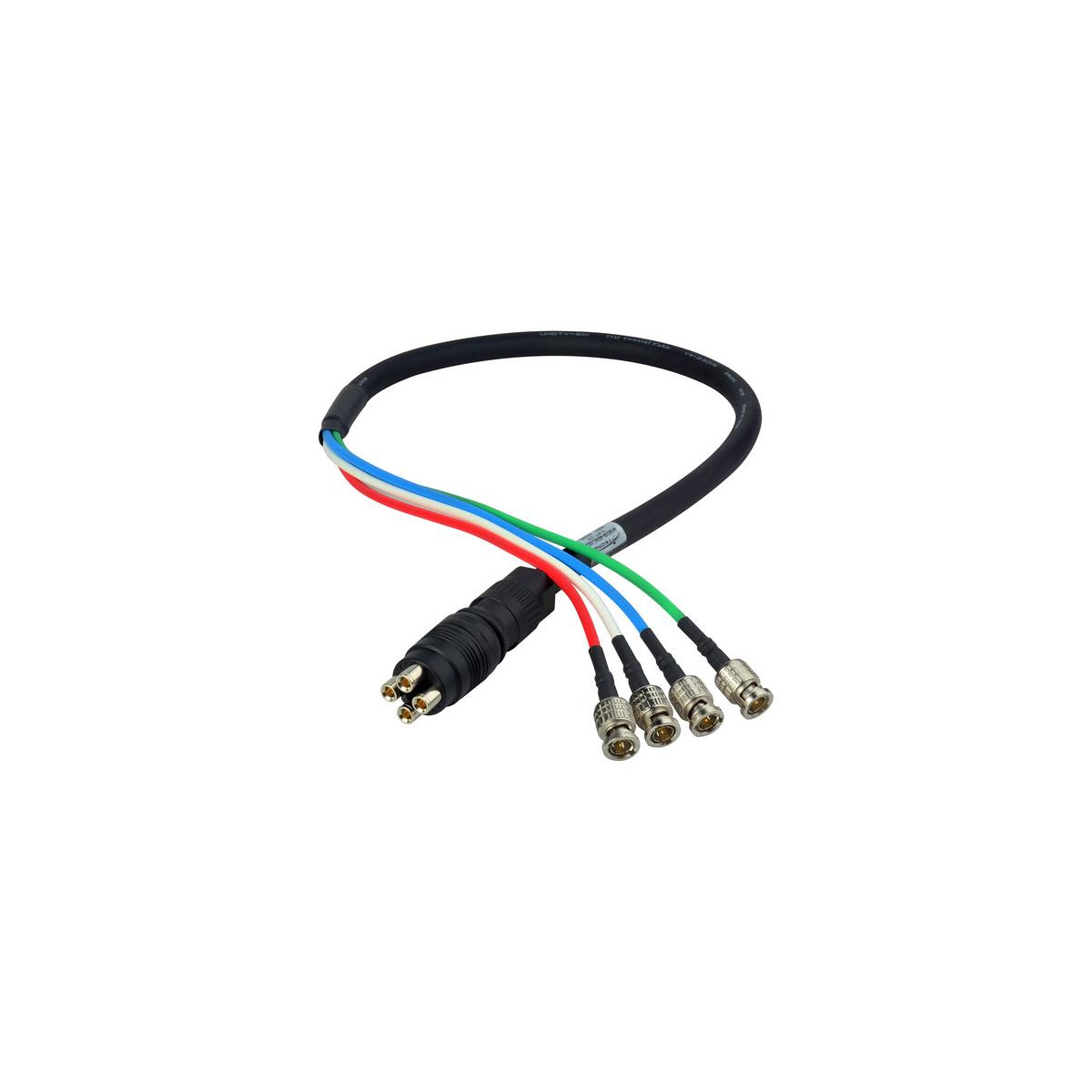 Laird 3' 4K UHD 3G HD-SDI 4-Channel DIN Male to BNC Camera Breakout Cable <b> 4-3G HD-SDI Signal Channel Quick Connect System for 4K/UHD Video Formats </b>One step, quick-connect Laird coax Canare cable assemblies connect 4 channels of 3G HD-SDI signals for 4K/UHD video formats. The Laird cables are assembled with Canare 4 channel, V4-2.5CHW flexible coaxial cable, allowing a break out to 4 Canare BNC or 4 DIN connectors. The Canare male connector, MDM-V4C25HW is designed to mate with the MDF-V4JRU panel mount receptacle which features a 4 DIN pass-through on the back side to increase your connectivity but not your rack space. Laird 4K UHD Canare camera cables assemblies make quick work of keeping everything in line and organized. Available in a variety of lengths. Use with the Canare MDF-V4JRU 4K DIN 1.0/2.3 4-channel chassis mount connector.• Quick connect and disconnect• Multiple 3G-SDI signals to 4K/UHD formats• Canare cable with solid and lightweight nylon resin body• Push-pull locking Canare coax connectors with protective rubber boots• High performance Canare BCP-B25HW BNC or 4 DCP-C25HD DIN connectors• Made in the USA in a Canare trained fiber shop• Canare V4-2.5CHW 4-Channel 4K 75Ohms Coaxial Cable• 4 DIN 1.0/2.3 connectors• MDF-V4JRU accepts MDM-V4C25HW and also DIN 1.0/2.3 plugs<b> Applications </b>• High density 3G-SDI• applications• Mobile trucks• Fly packs• Studios• 4K transmission• Consolidate HD-SDI lines