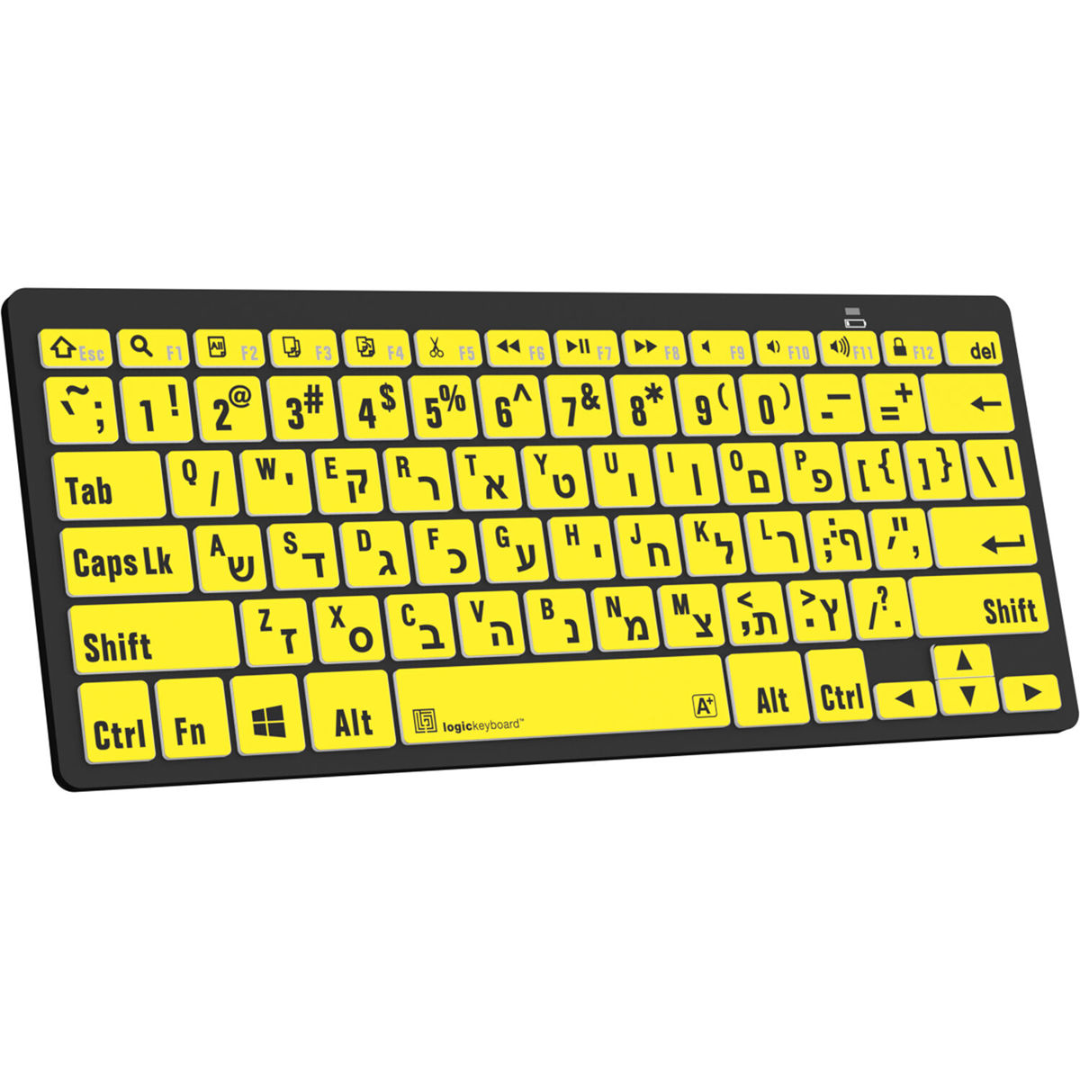 

LogicKeyboard XL Print PC Bluetooth Mini Keyboard, Black on Yellow, US & Hebrew