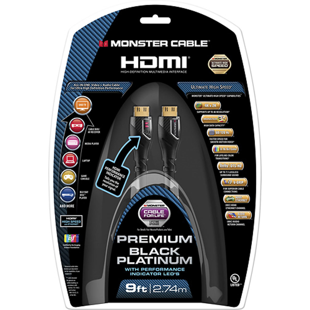 

Monster Cable Black Platinum High Speed 9' HDMI Cable, Ethernet+Indicator Lights