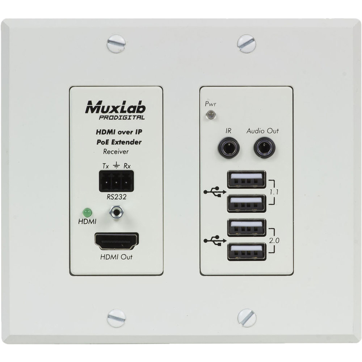 

Muxlab MuxLab UHD-4K HDMI/USB Over IP PoE Wall Plate Receiver, White