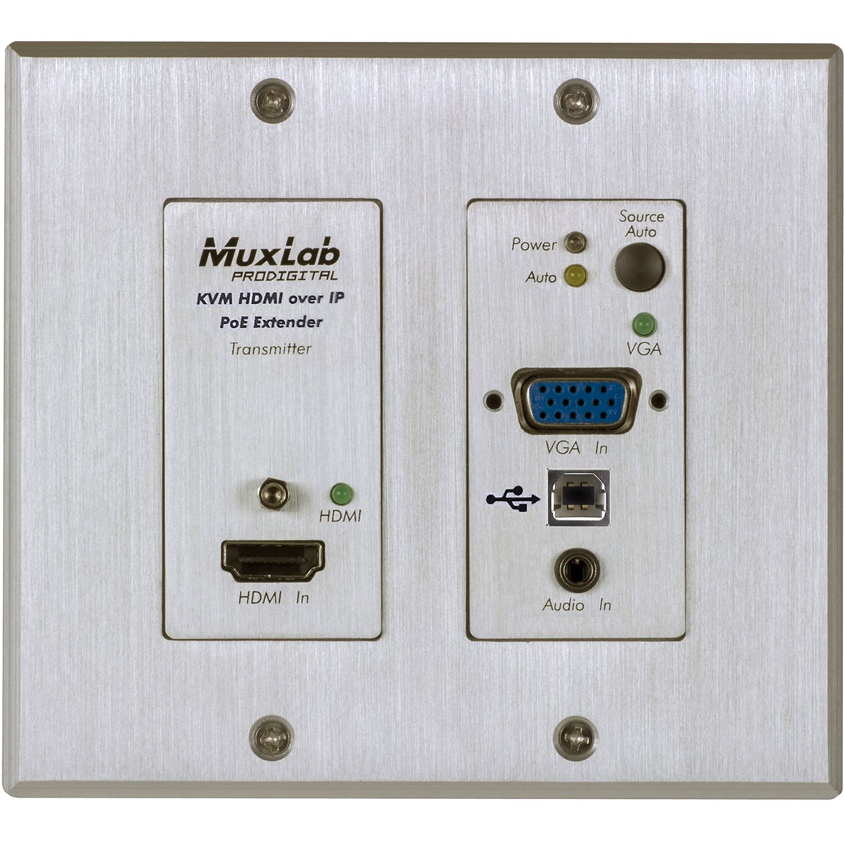 

Muxlab MuxLab UHD-4K HDMI/VGA/USB Over IP PoE Wall Plate Transmitter, Aluminum