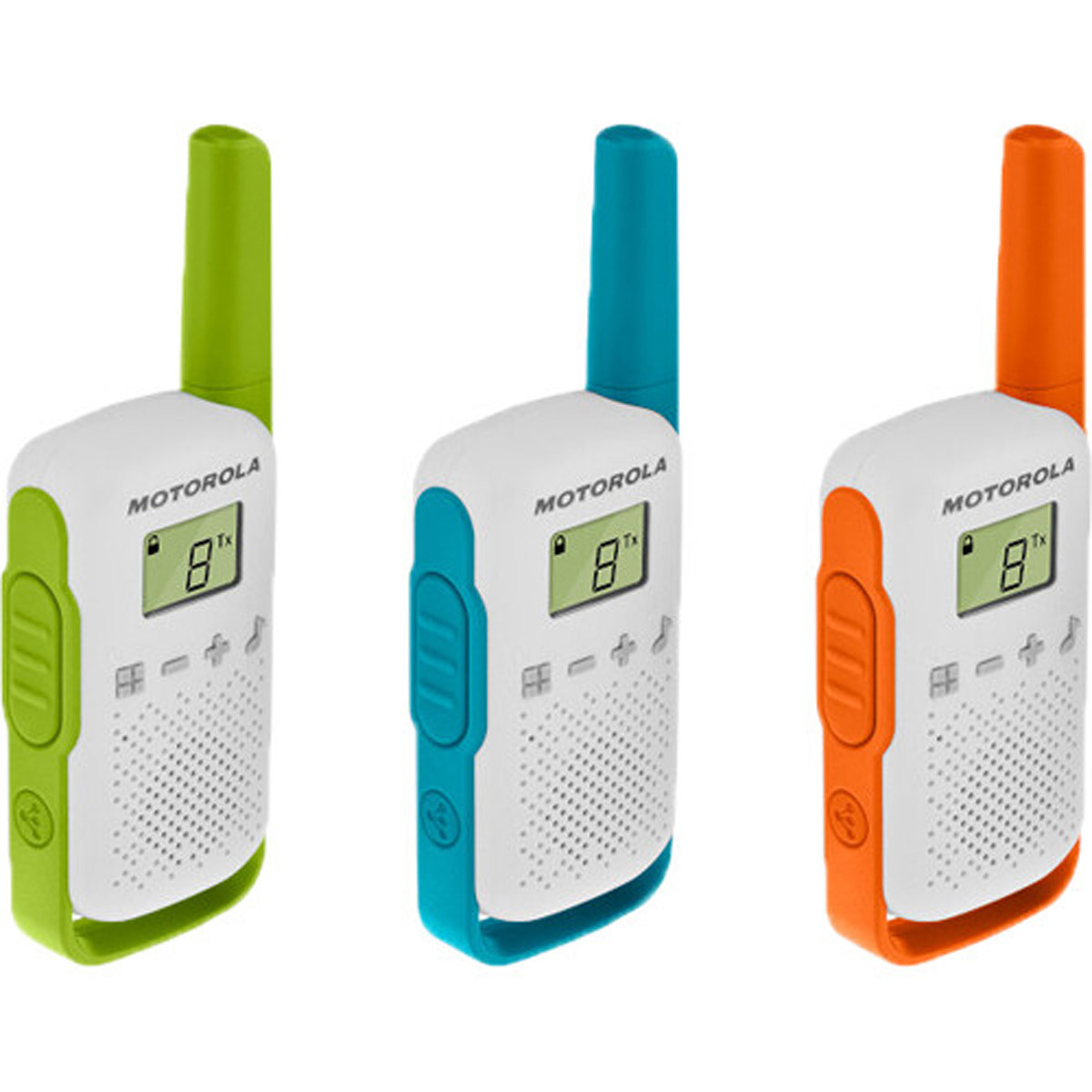 

Motorola Talkabout T110 Two-Way Radio, Green/Blue/Orange, 3-Pack