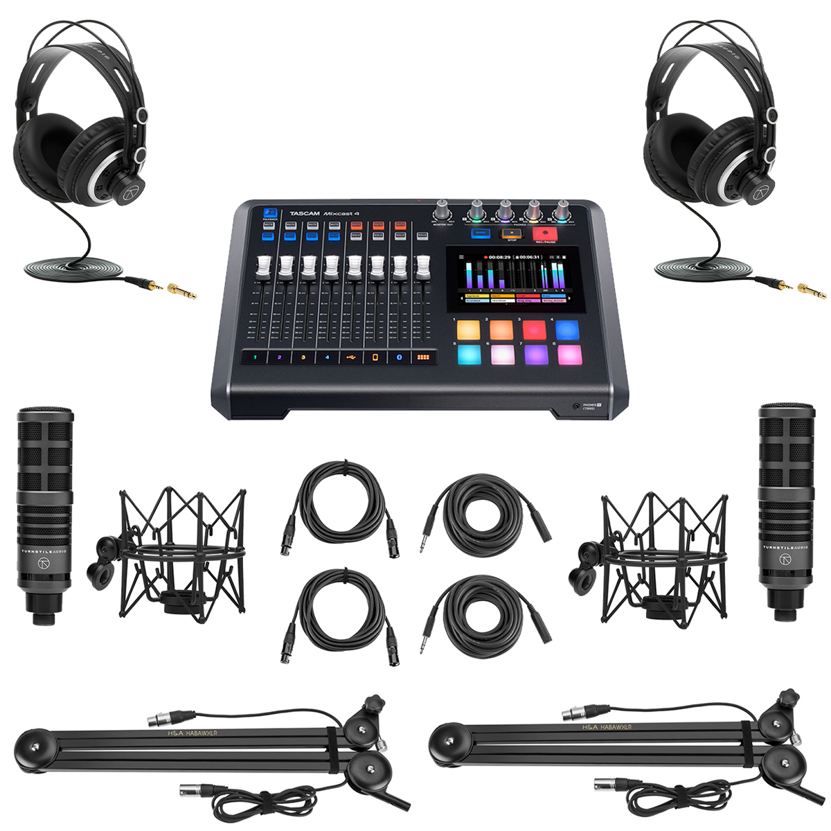 

Tascam Mixcast 4 Podcast Station,w/2x TAP300 Broadcast Mics,2x H&A Broadcast Arm